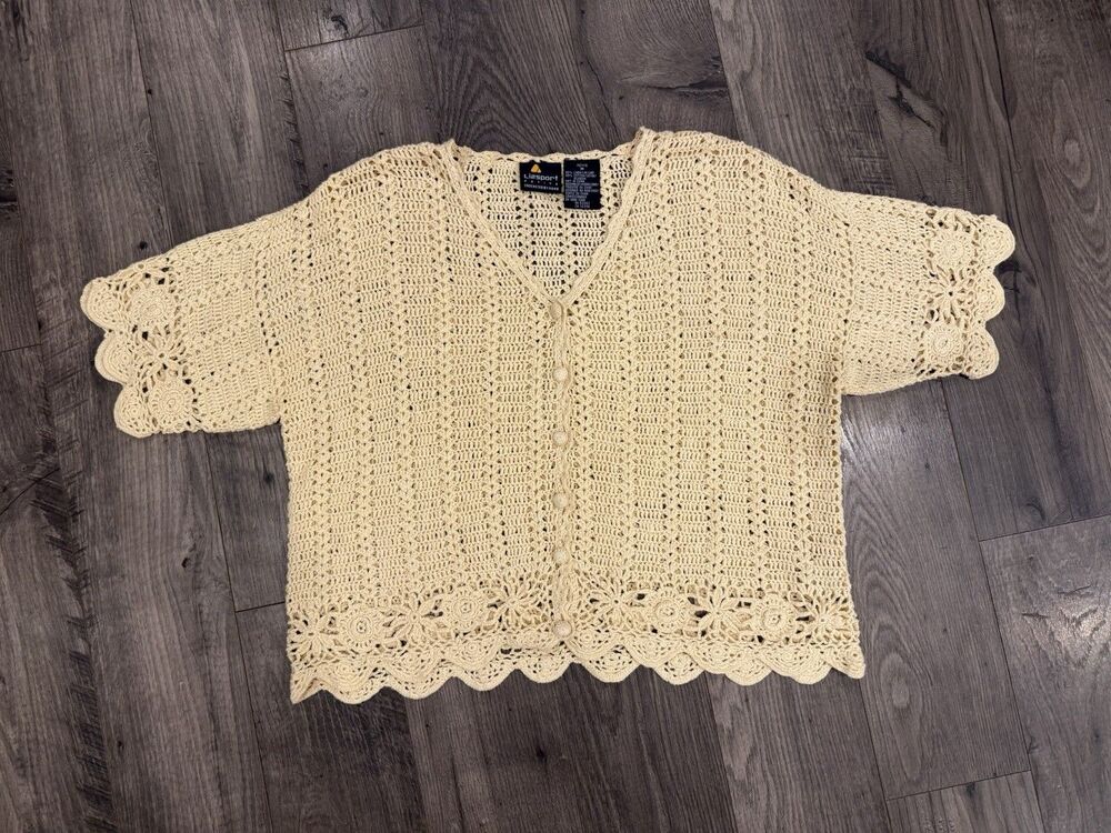 Vintage Liz Sport Hand Crocheted Linen Cotton Blend Butter Yellow Cardigan
